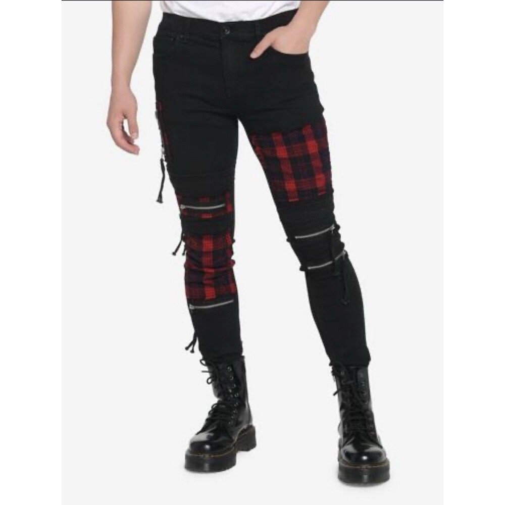 Hot Topic HT Denim Slim Black Denim Skinny Jeans Zipper Tartan Plaid Cargo 36x32